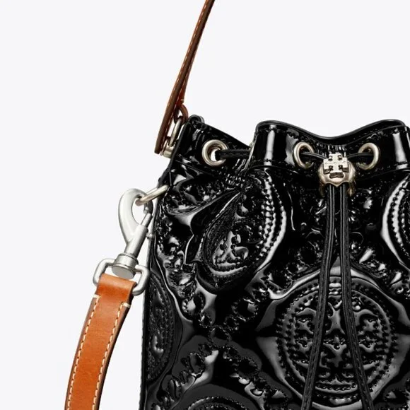 NWT! New! Tory Burch T Monogram Embroidered Patent Bucket Bag -BLACK Large - Picture 13 of 14
